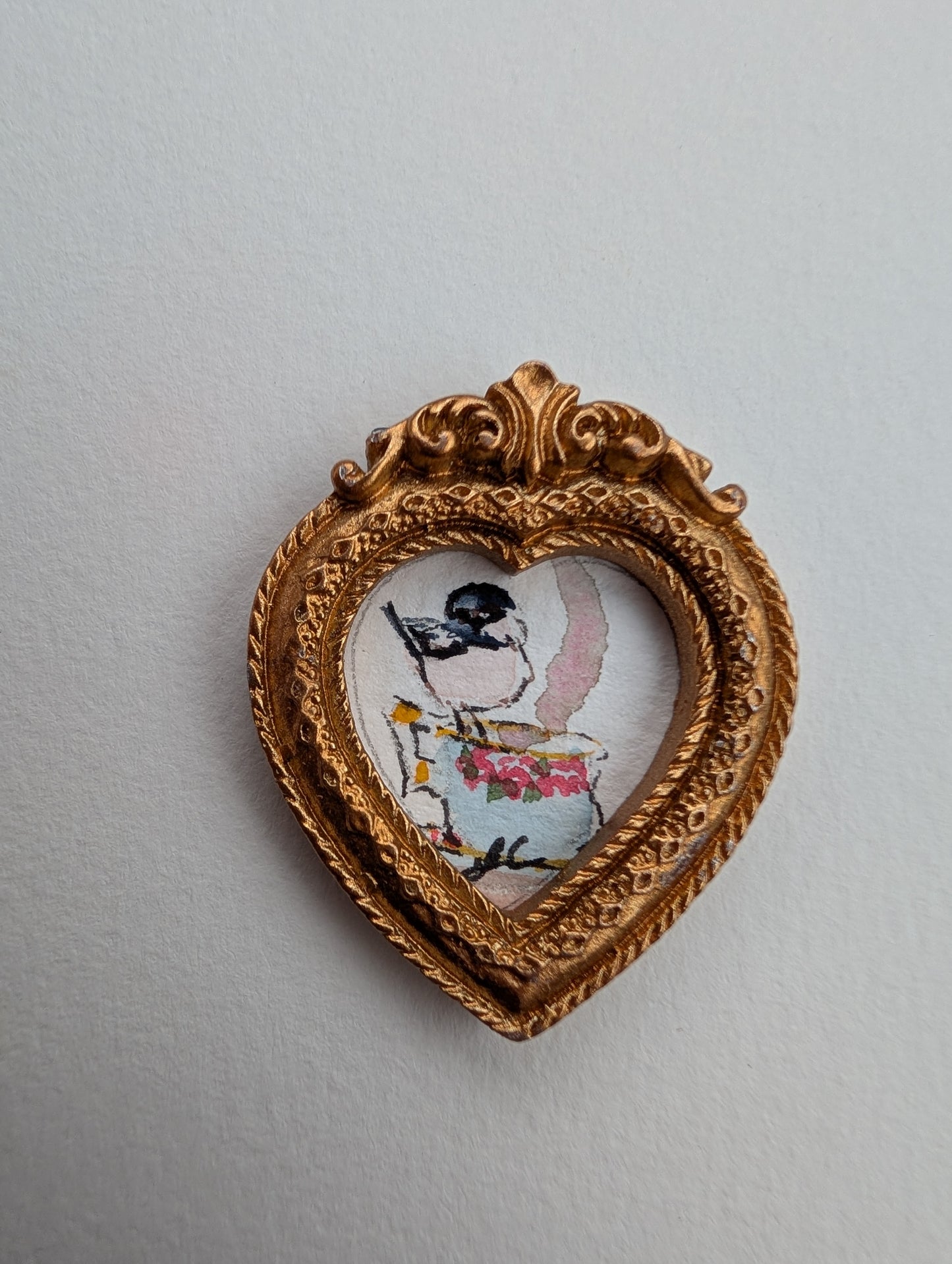 Mini Chickadee Bird on Teacup Painting - Original Watercolor Art by Lora Cavallin