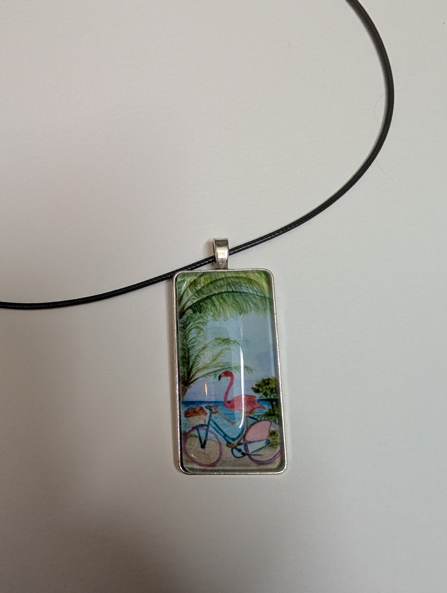 Flamingo on Bike Pendant Necklace - Lora Cavallin Art