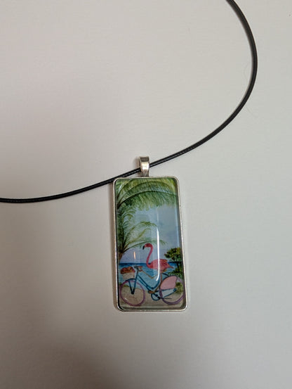 Flamingo on Bike Pendant Necklace - Lora Cavallin Art