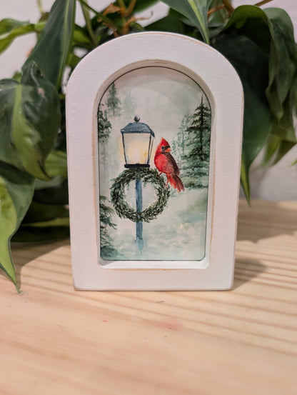 Mini Cardinal Bird on Lamppost Art Print - Wood Arch Frame - Lora Cavallin Art