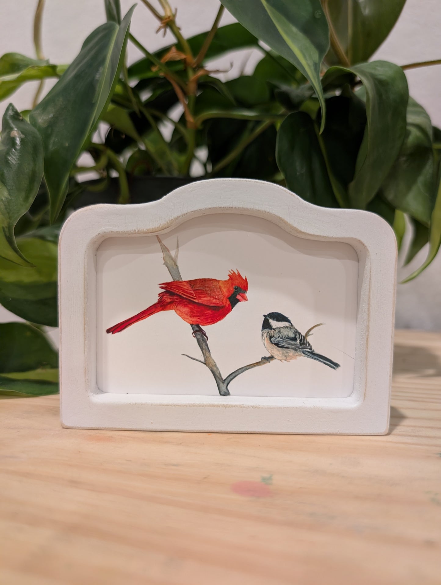 Mini Cardinal Bird and Chickadee Bird Art Print - Wood Arch Frame - Lora Cavallin Art