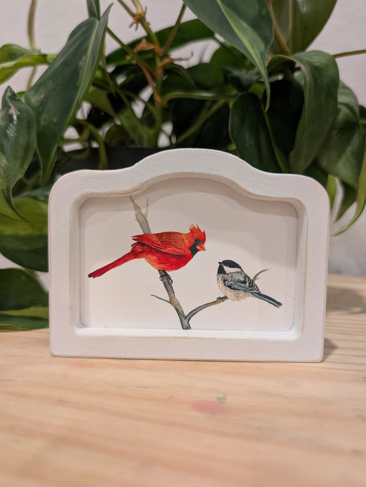 Mini Cardinal Bird and Chickadee Bird Art Print - Wood Arch Frame - Lora Cavallin Art