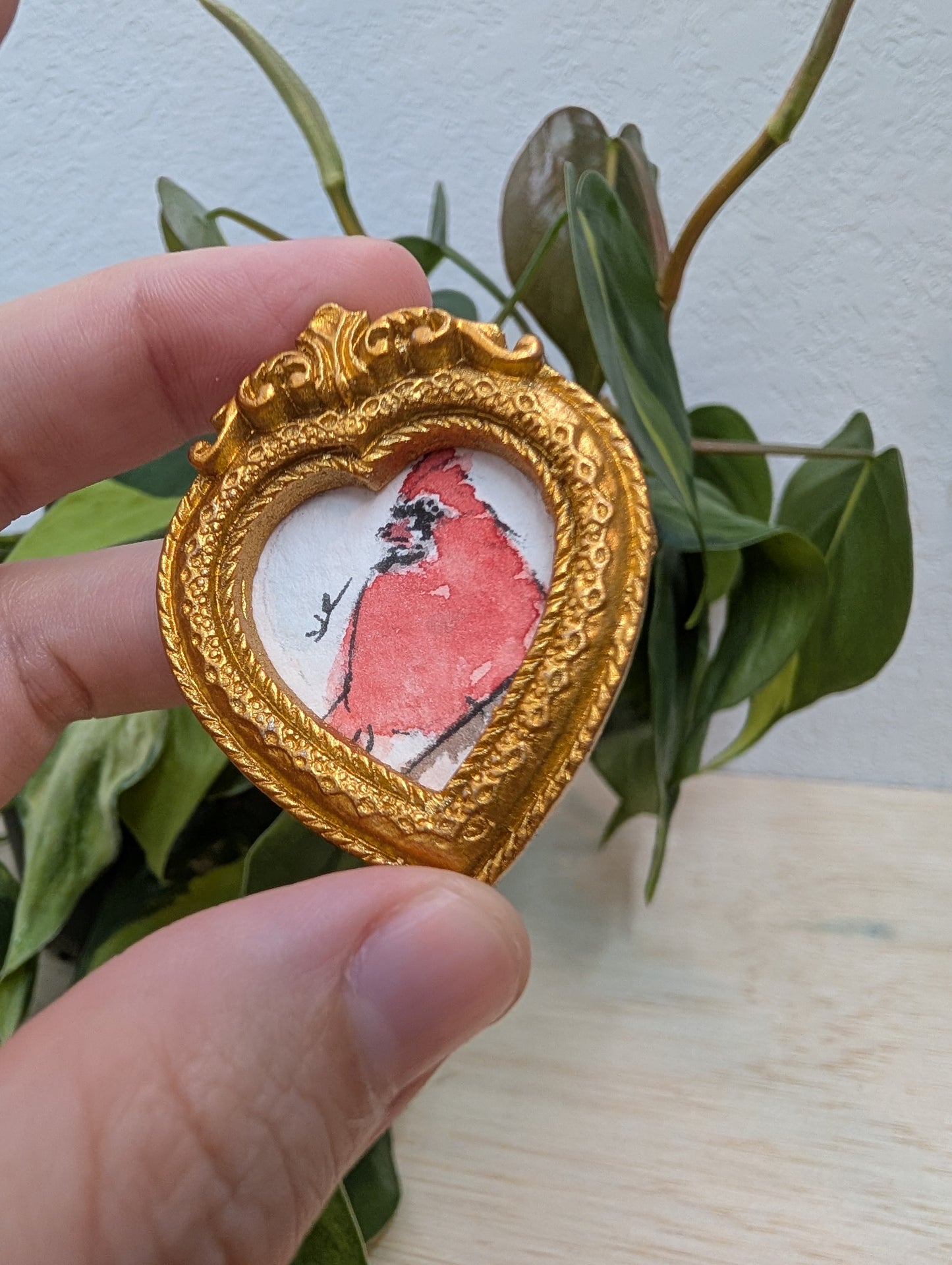 Mini Cardinal Bird Painting - Original Watercolor Art by Lora Cavallin