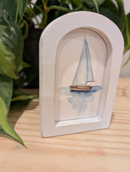 Mini Sailboat Art Print - Wood Arch Frame - Lora Cavallin Art