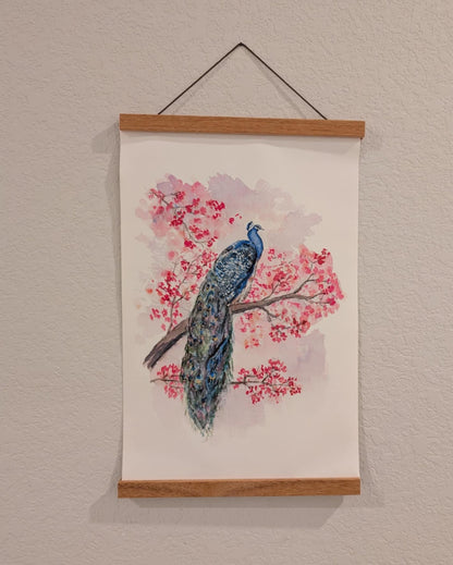 Pair Peacock Art Prints - Canvas Prints - With Hanging Poster Frames - 11" wide x 17" tall