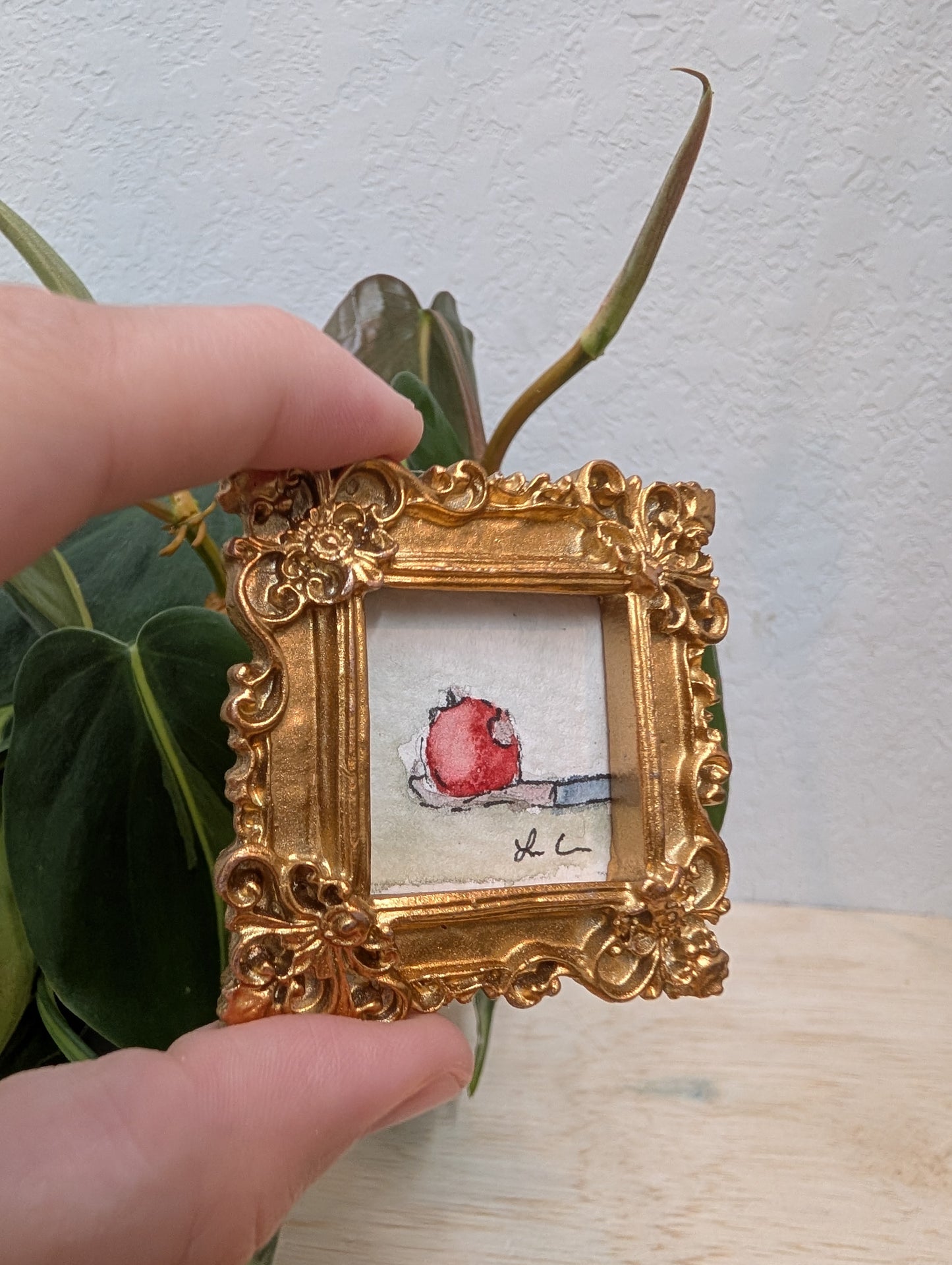 Mini Snow White Apple Painting - Original Watercolor Art by Lora Cavallin