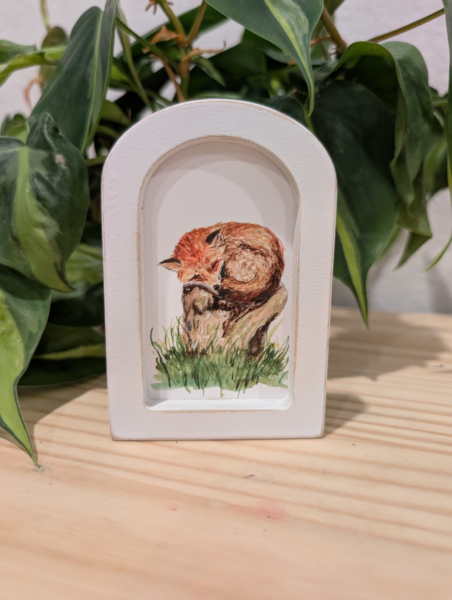 Mini Sleeping Fox Art Print - Wood Arch Frame - Lora Cavallin Art