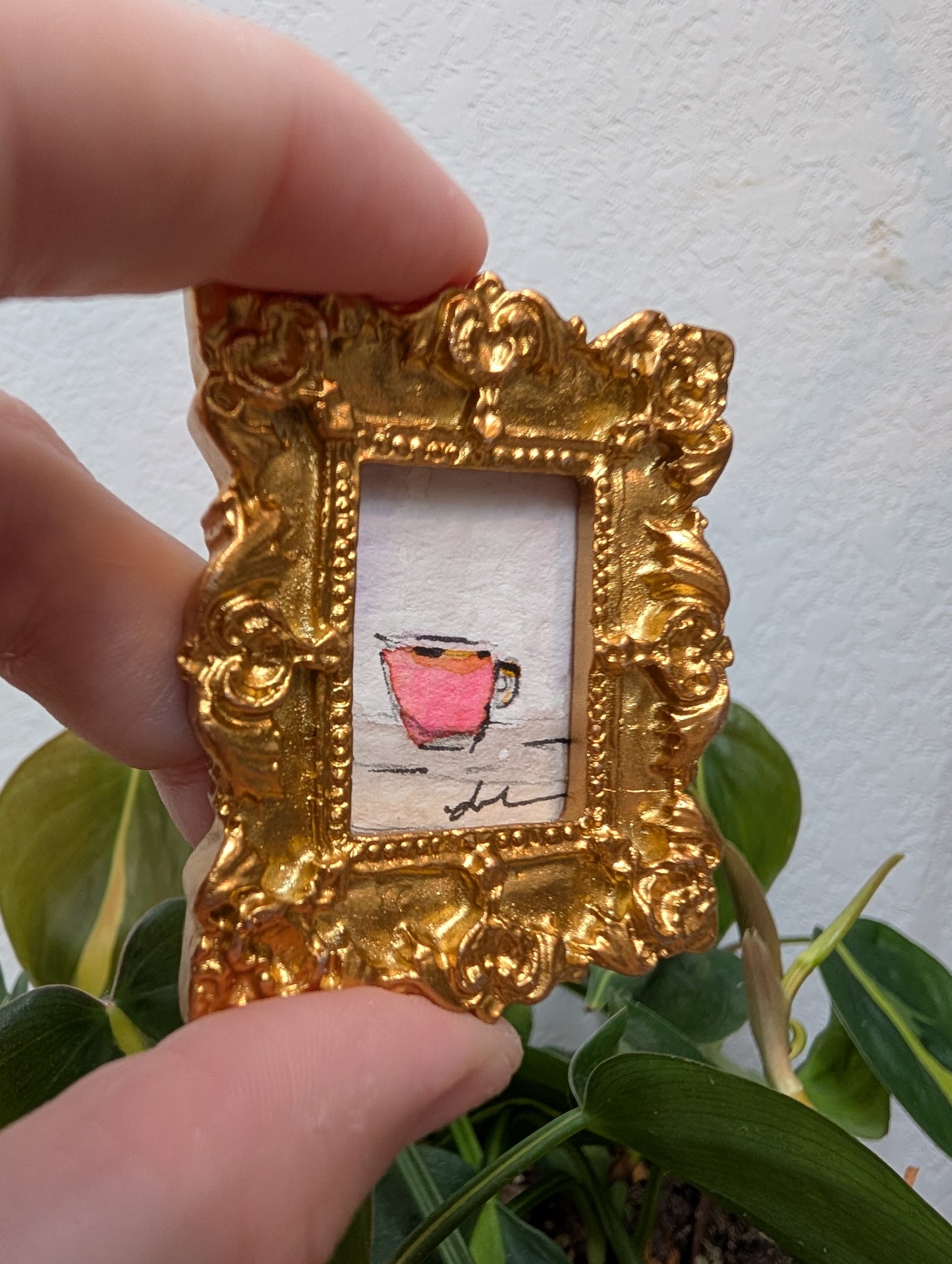 Mini Pink Coffee Mug Painting - Original Watercolor Art by Lora Cavallin
