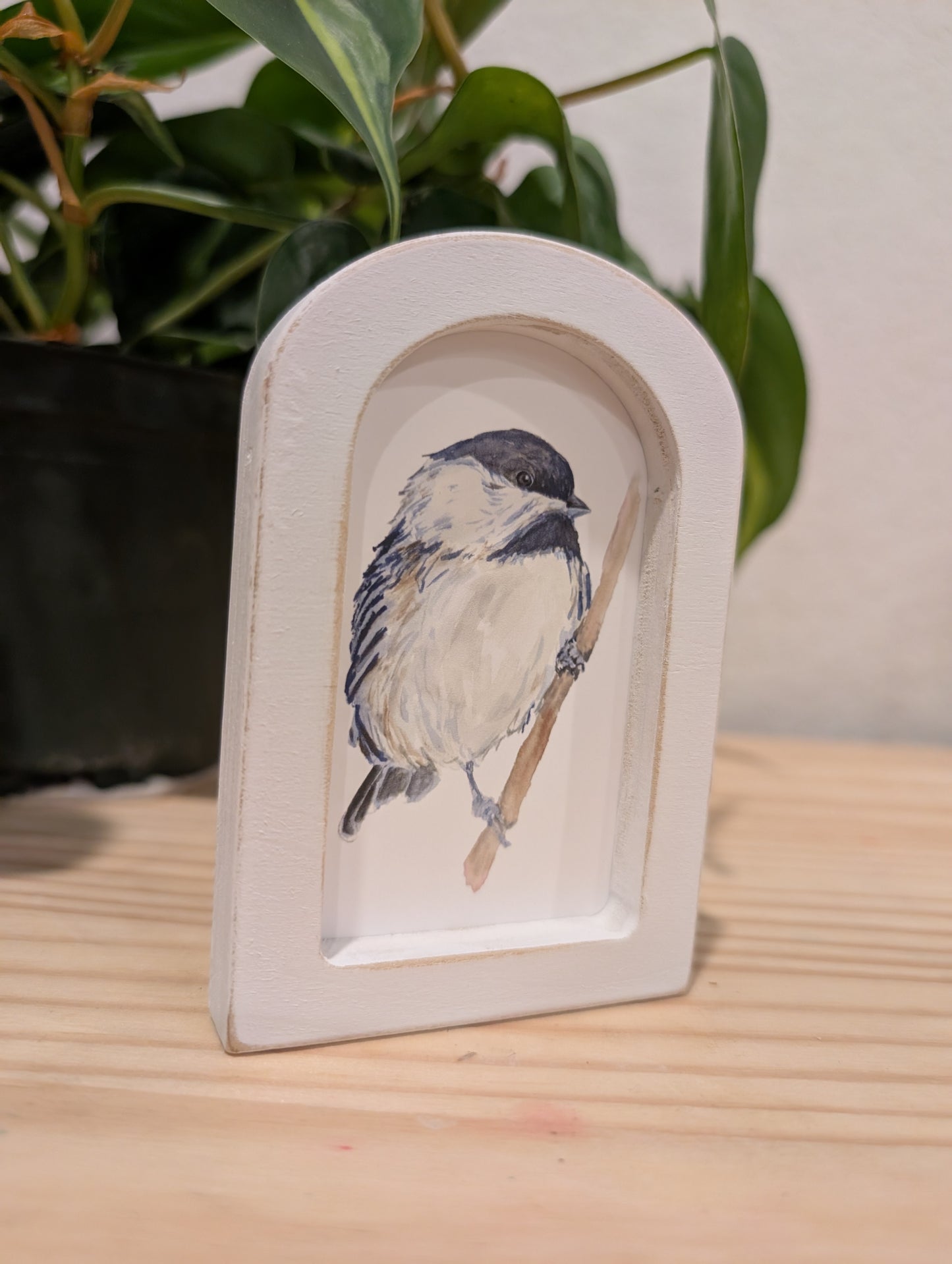 Mini Chickadee Bird Art Print - Wood Arch Frame - Lora Cavallin Art