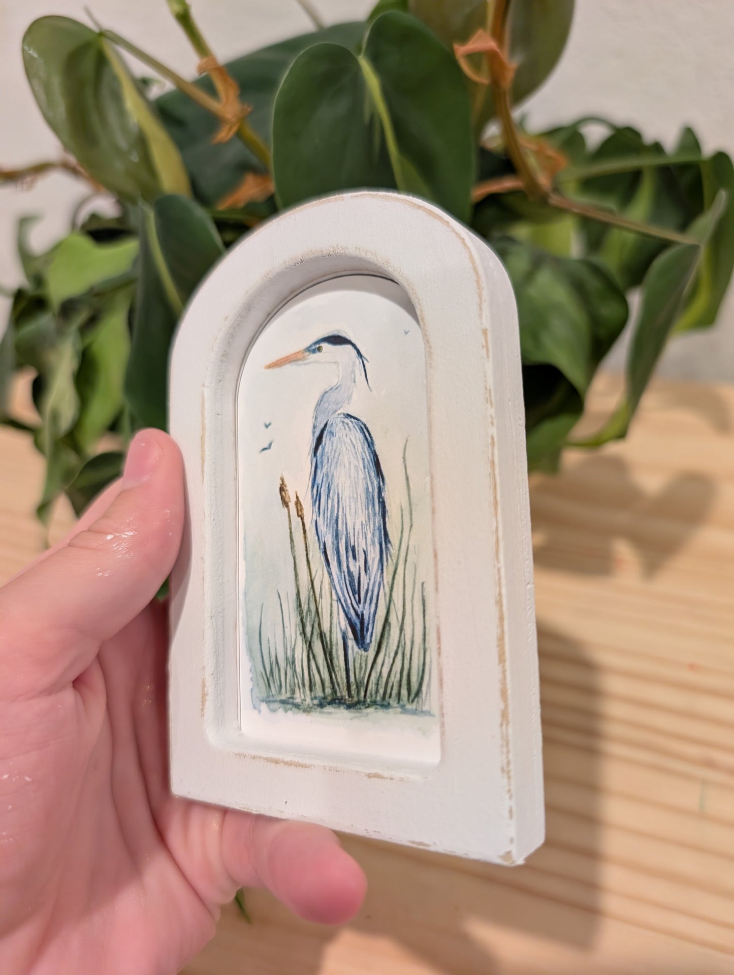 Mini Blue Heron in Reeds Art Print - Wood Arch Frame - Lora Cavallin Art