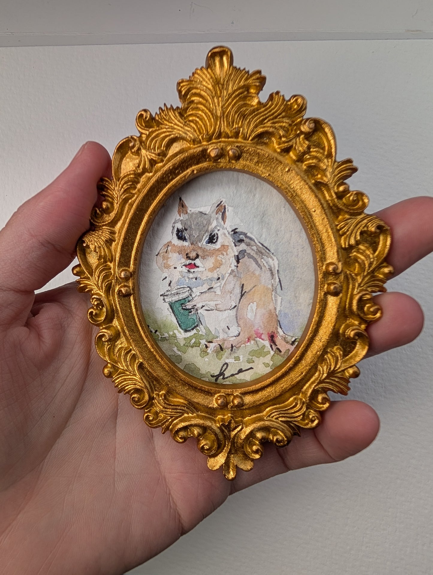 Mini Chipmunk with Coffee Painting - Original Watercolor Art by Lora Cavallin