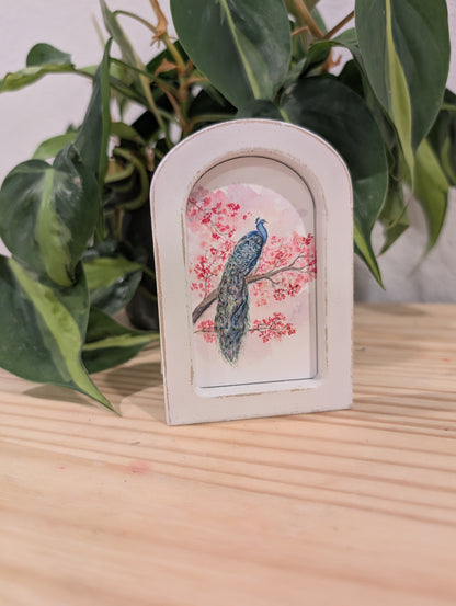 Mini Peacock Art Print - Wood Arch Frame - Lora Cavallin Art