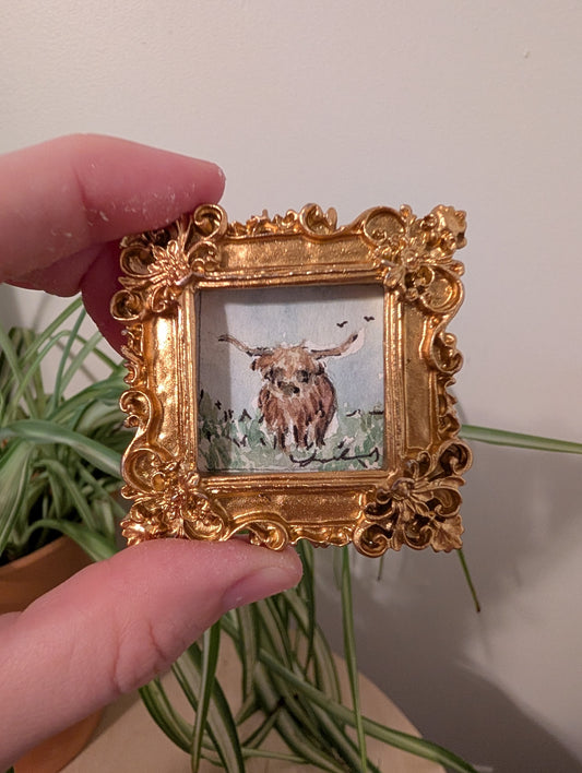 Mini Highland Cow Painting - Original Watercolor Art by Lora Cavallin