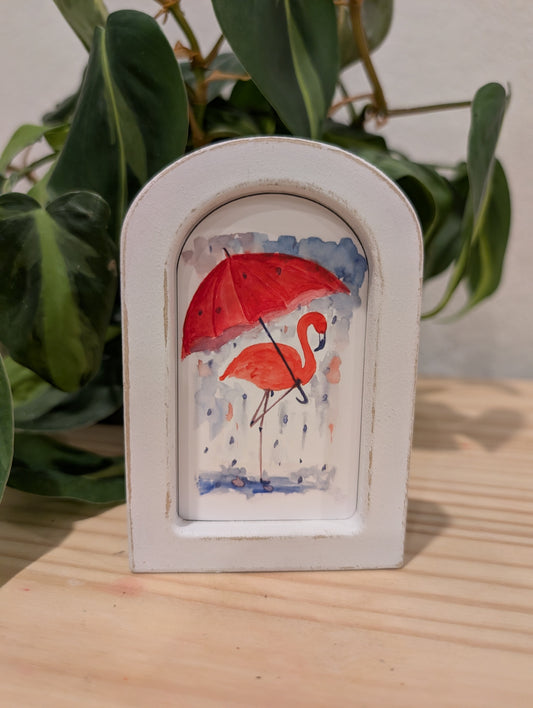 Mini Flamingo with Umbrella Art Print - Wood Arch Frame - Lora Cavallin Art