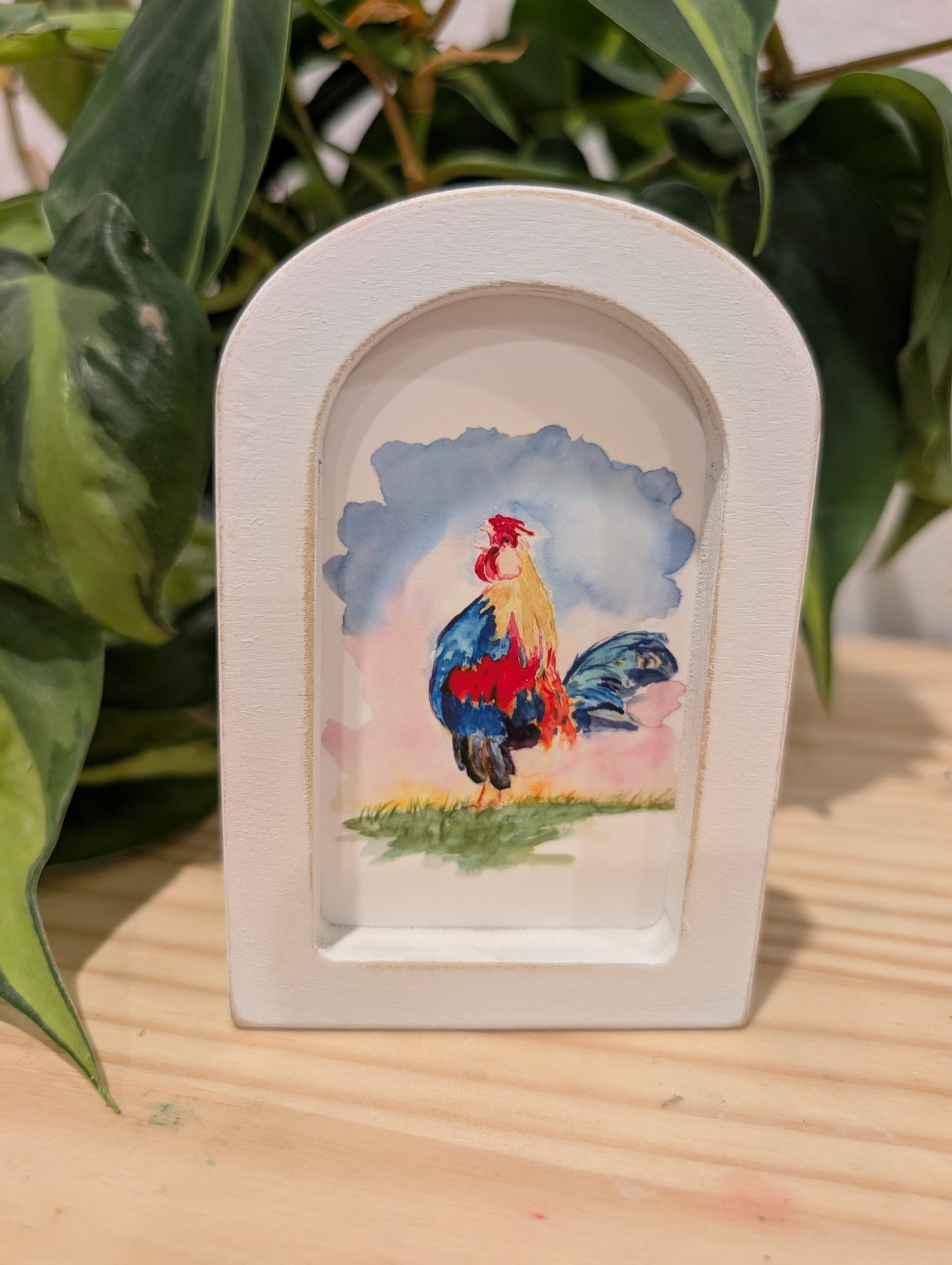 Mini Rooster Art Print - Wood Arch Frame - Lora Cavallin Art
