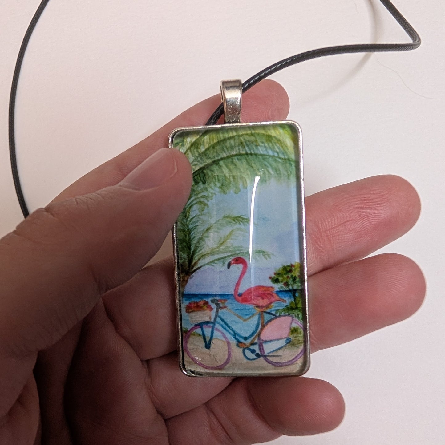 Flamingo on Bike Pendant Necklace - Lora Cavallin Art