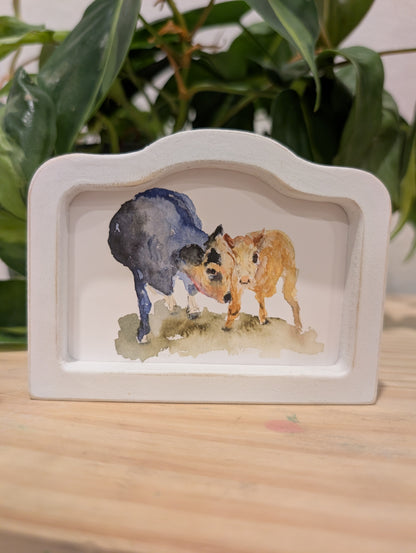 Mini Mama and Baby Cow Art Print - Wood Arch Frame - Lora Cavallin Art