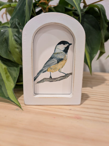 Mini Chickadee Bird Art Print - Wood Arch Frame - Lora Cavallin Art