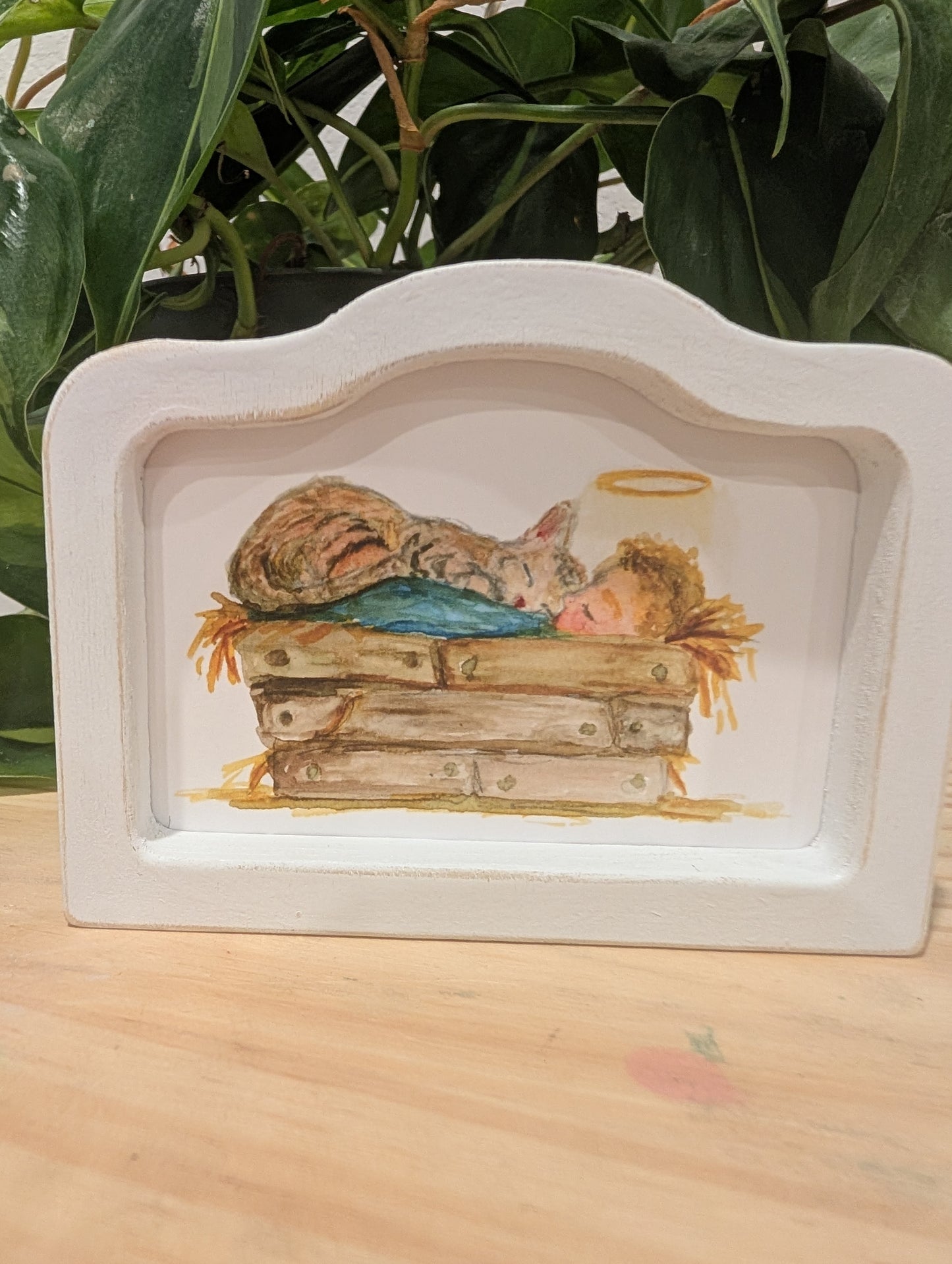 Mini Baby Jesus in Manger with Cat Art Print - Wood Arch Frame - Lora Cavallin Art