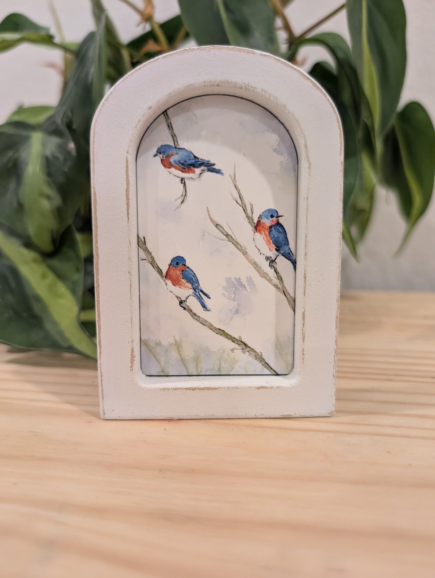 Mini Bluebirds on Branches Art Print - Wood Arch Frame - Lora Cavallin Art