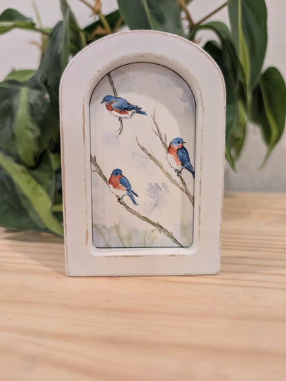 Mini Bluebirds on Branches Art Print - Wood Arch Frame - Lora Cavallin Art