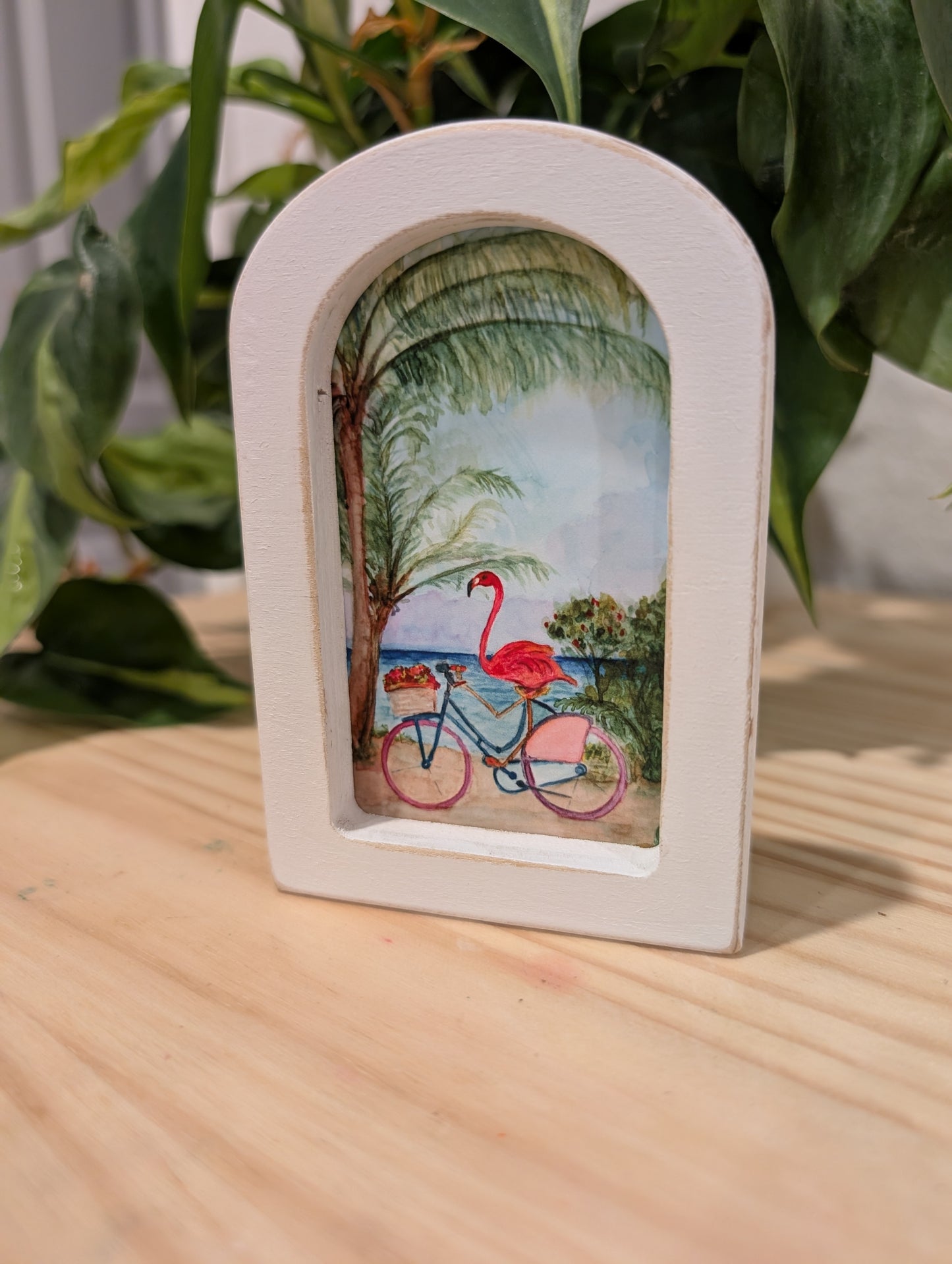 Mini Flamingo on Bike Art Print - Wood Arch Frame - Lora Cavallin Art