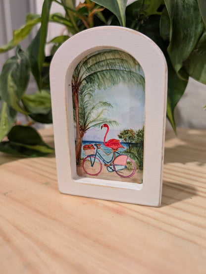 Mini Flamingo on Bike Art Print - Wood Arch Frame - Lora Cavallin Art