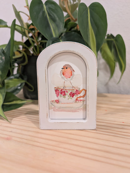 Mini Robin Bird on Teacup Art Print - Wood Arch Frame - Lora Cavallin Art