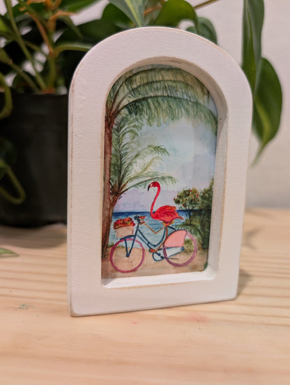 Mini Flamingo on Bike Art Print - Wood Arch Frame - Lora Cavallin Art