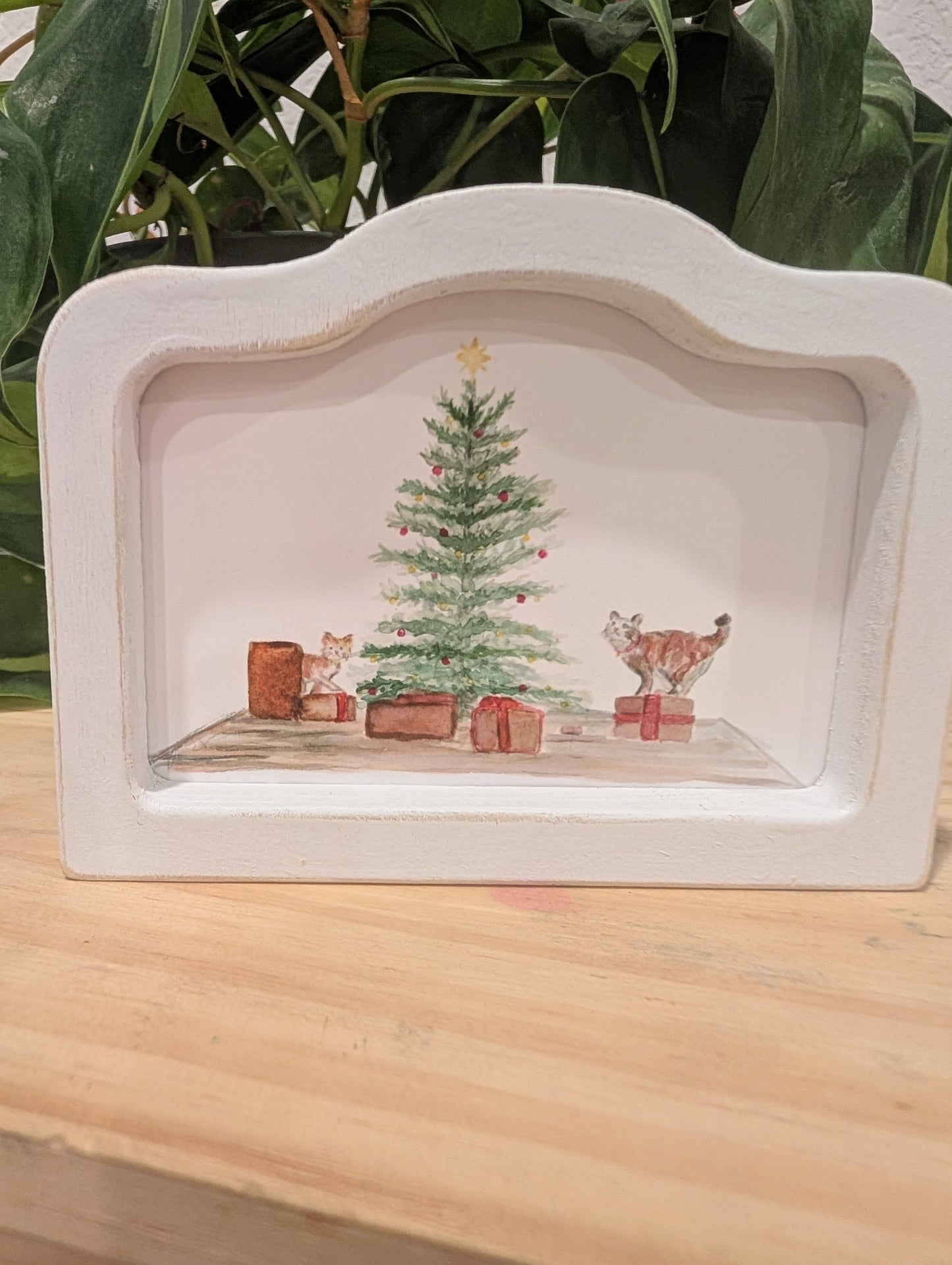 Mini Christmas Scene Cats and Presents Art Print - Wood Arch Frame - Lora Cavallin Art