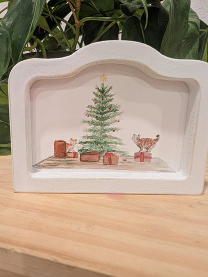 Mini Christmas Scene Cats and Presents Art Print - Wood Arch Frame - Lora Cavallin Art