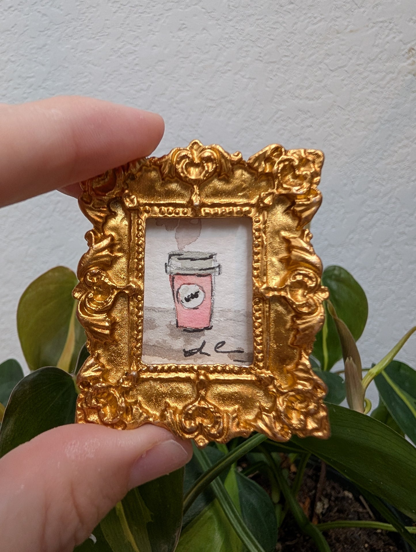Mini Pink Coffee Cup Painting - Original Watercolor Art by Lora Cavallin
