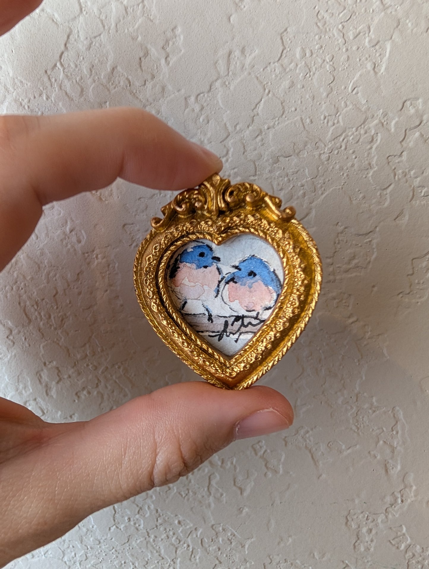 Mini Bluebirds in Love Painting - Original Watercolor Art by Lora Cavallin