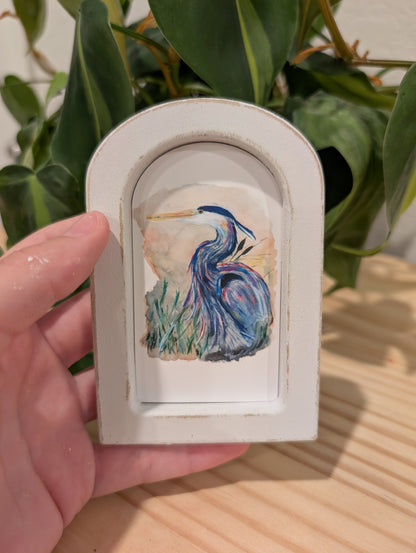 Mini Whimsical Blue Heron Art Print - Wood Arch Frame - Lora Cavallin Art