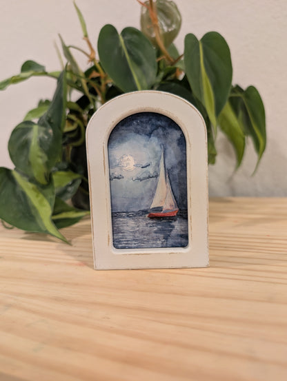 Mini Sailboat at Night Art Print - Wood Arch Frame - Lora Cavallin Art