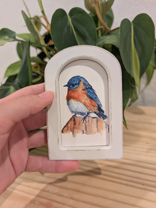 Mini Bluebird Art Print - Wood Arch Frame - Lora Cavallin Art