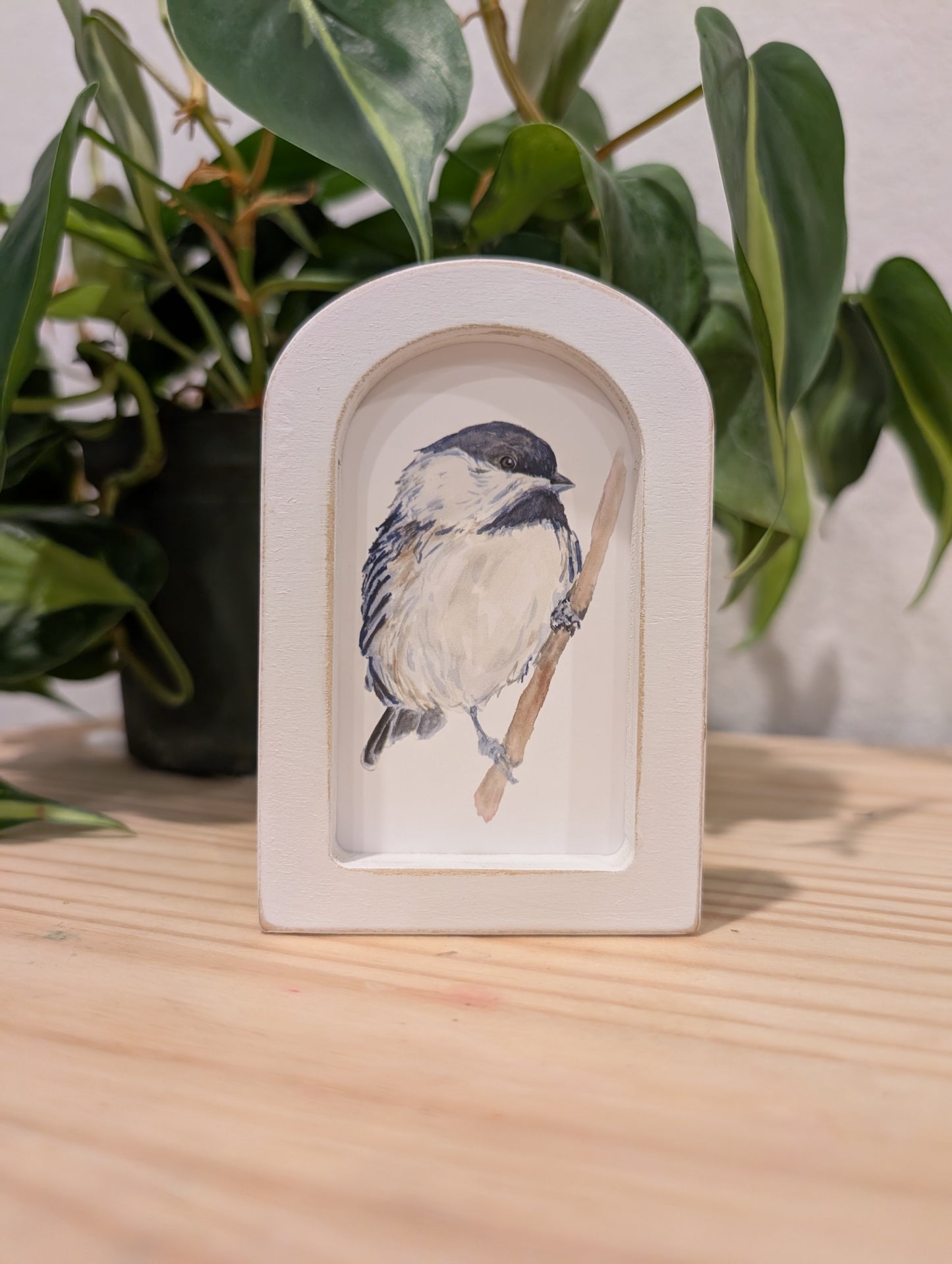 Mini Chickadee Bird Art Print - Wood Arch Frame - Lora Cavallin Art