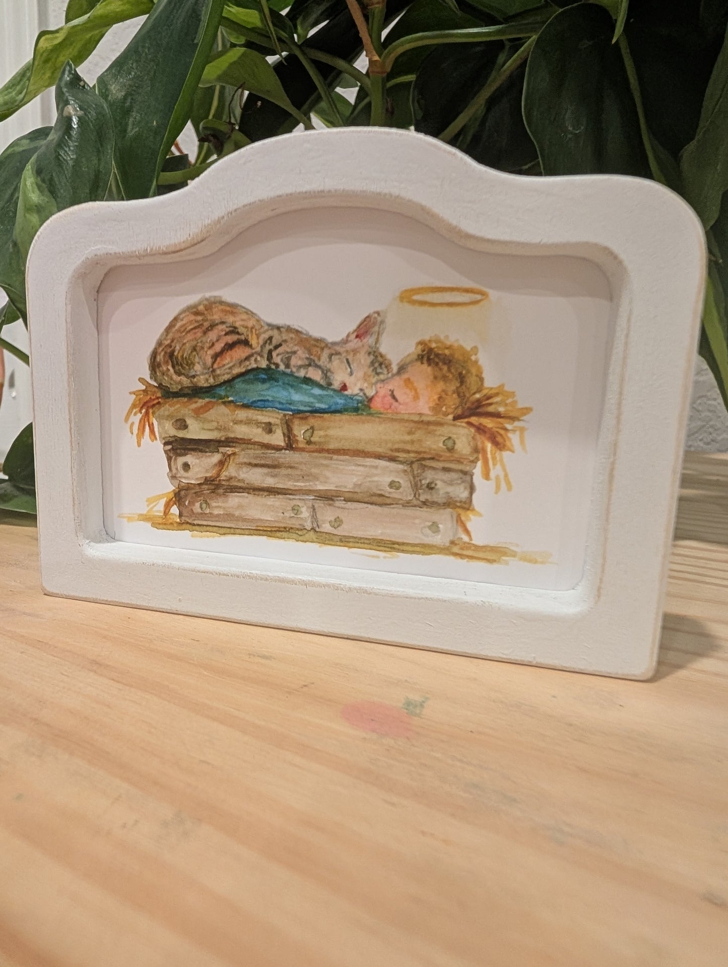 Mini Baby Jesus in Manger with Cat Art Print - Wood Arch Frame - Lora Cavallin Art