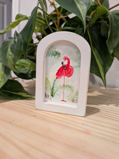 Mini Flamingo Drinking an Iced Drink Art Print - Wood Arch Frame - Lora Cavallin Art