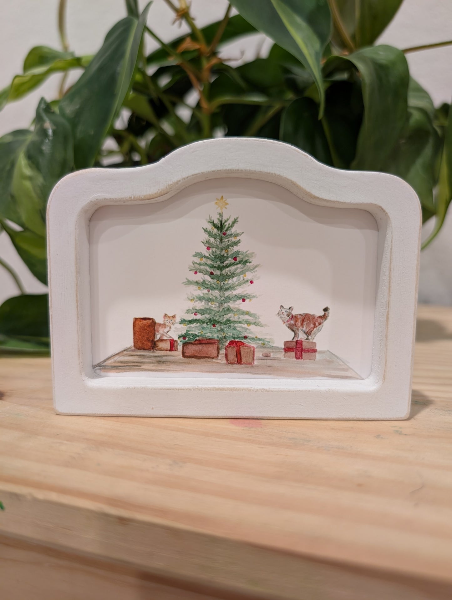 Mini Christmas Scene Cats and Presents Art Print - Wood Arch Frame - Lora Cavallin Art