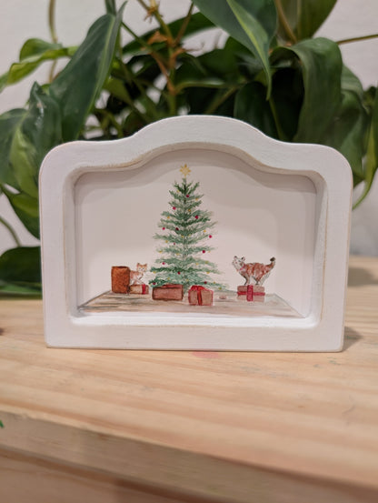 Mini Christmas Scene Cats and Presents Art Print - Wood Arch Frame - Lora Cavallin Art