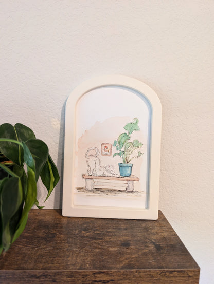 Comfy Cat Stretching - Large Arched Framed Print