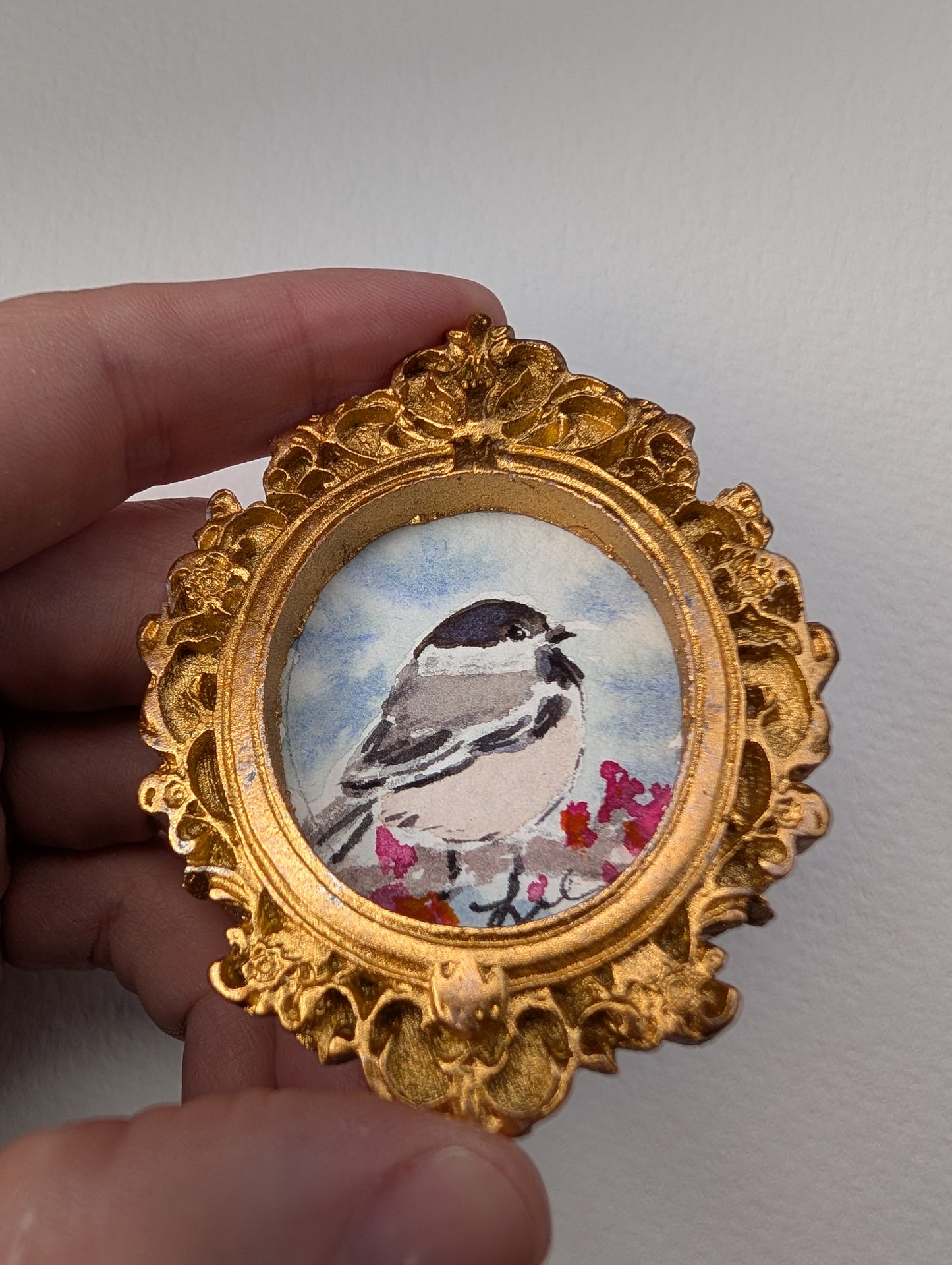 Mini Chickadee Bird Painting - Original Watercolor Art by Lora Cavallin