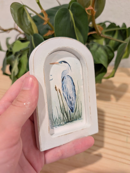 Mini Blue Heron in Reeds Art Print - Wood Arch Frame - Lora Cavallin Art