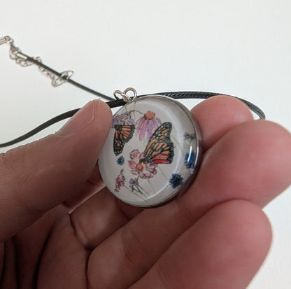 Butterfly and Flowers Pendant Necklace - Lora Cavallin Art