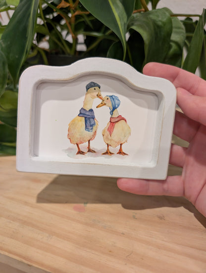 Mini Whimsical Duck Couple Art Print - Wood Arch Frame - Lora Cavallin Art