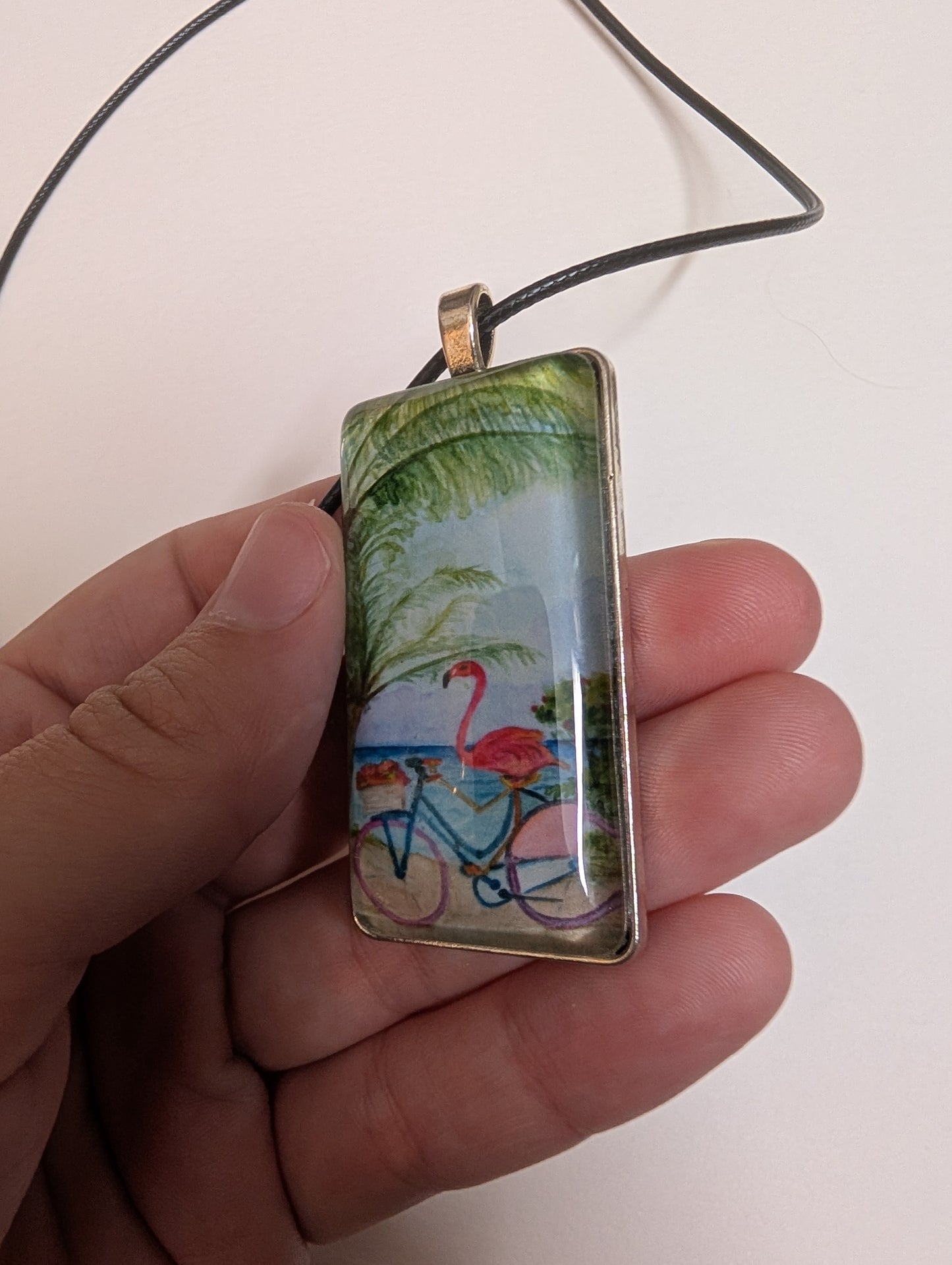 Flamingo on Bike Pendant Necklace - Lora Cavallin Art