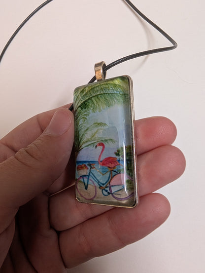 Flamingo on Bike Pendant Necklace - Lora Cavallin Art
