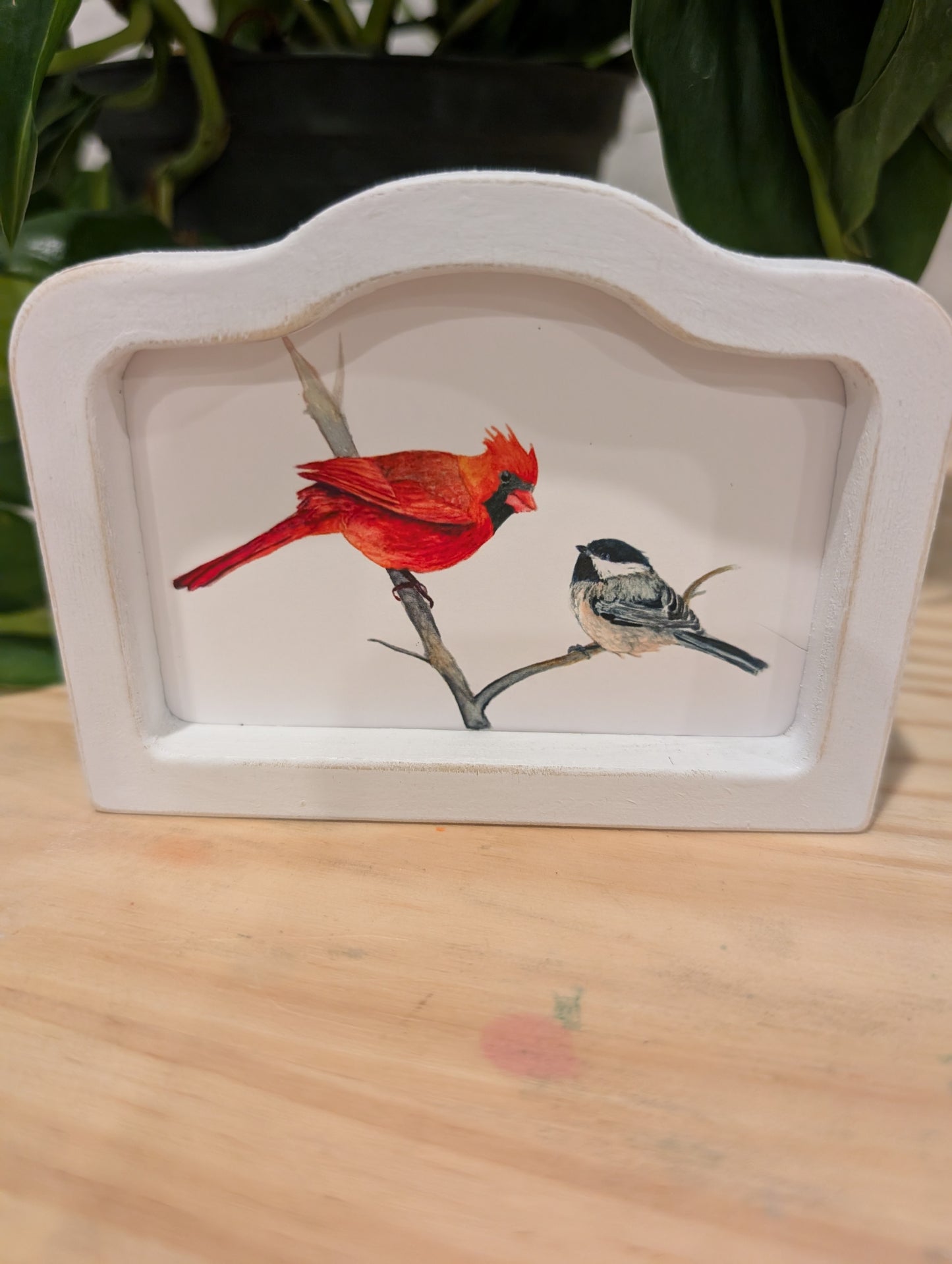 Mini Cardinal Bird and Chickadee Bird Art Print - Wood Arch Frame - Lora Cavallin Art