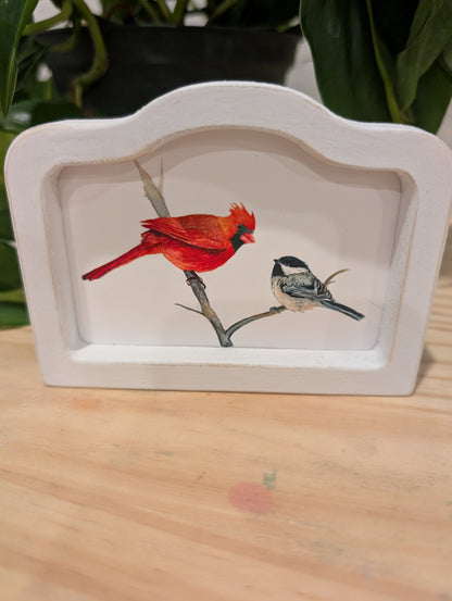 Mini Cardinal Bird and Chickadee Bird Art Print - Wood Arch Frame - Lora Cavallin Art